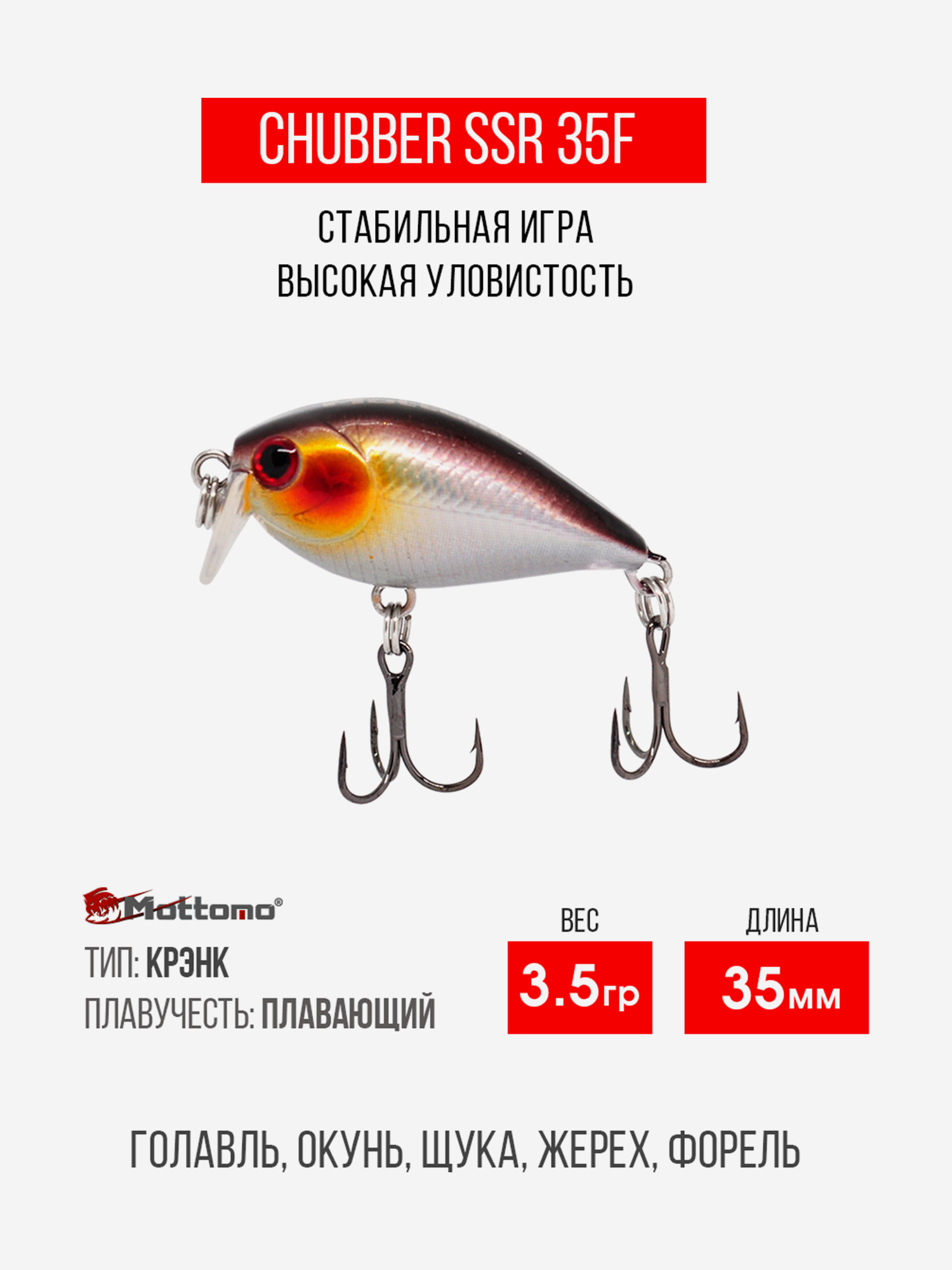 

Воблер Mottomo Chubber SSR 35F 3,5g Shibu Silver, Мультицвет