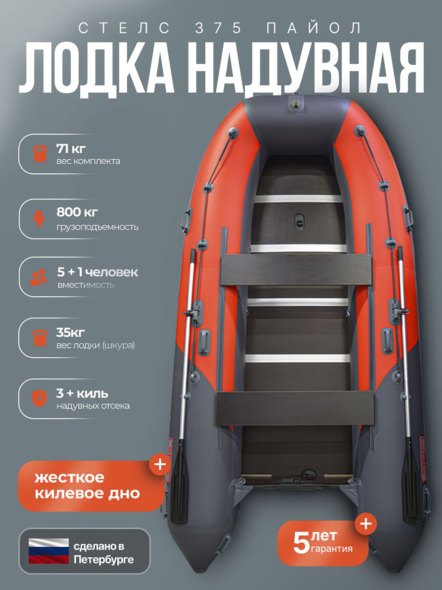 Изображение товара Лодка Хантер Стелс 375 - серый/красный - Лодка ПВХ надувная, Hunterboat STELS, Красный;серый