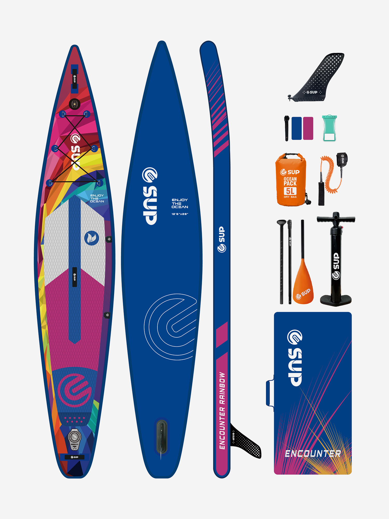 

Надувная двухслойная SUP-доска E-SUP ENCOUNTER RAINBOW 12'6" 384-71-15 см, Синий