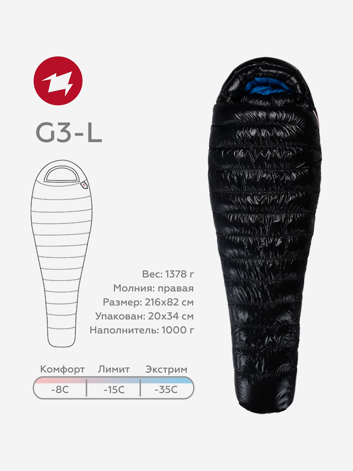 

Спальный мешок AEGISMAX G3, пуховый, -15, размер L, черный, Черный