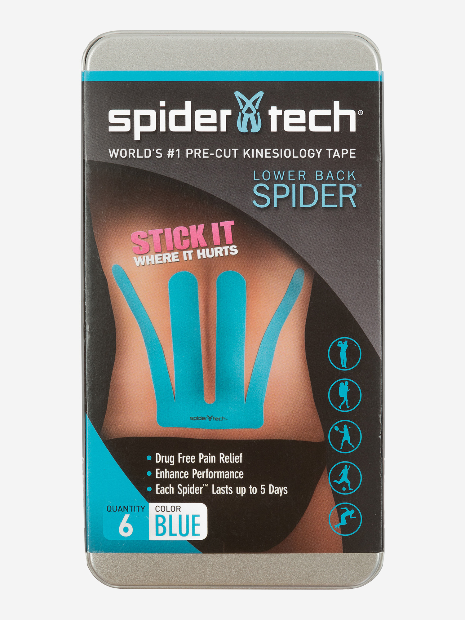 фото Тейп преднарезанный для нижней части спины spidertech, 6 шт., голубой