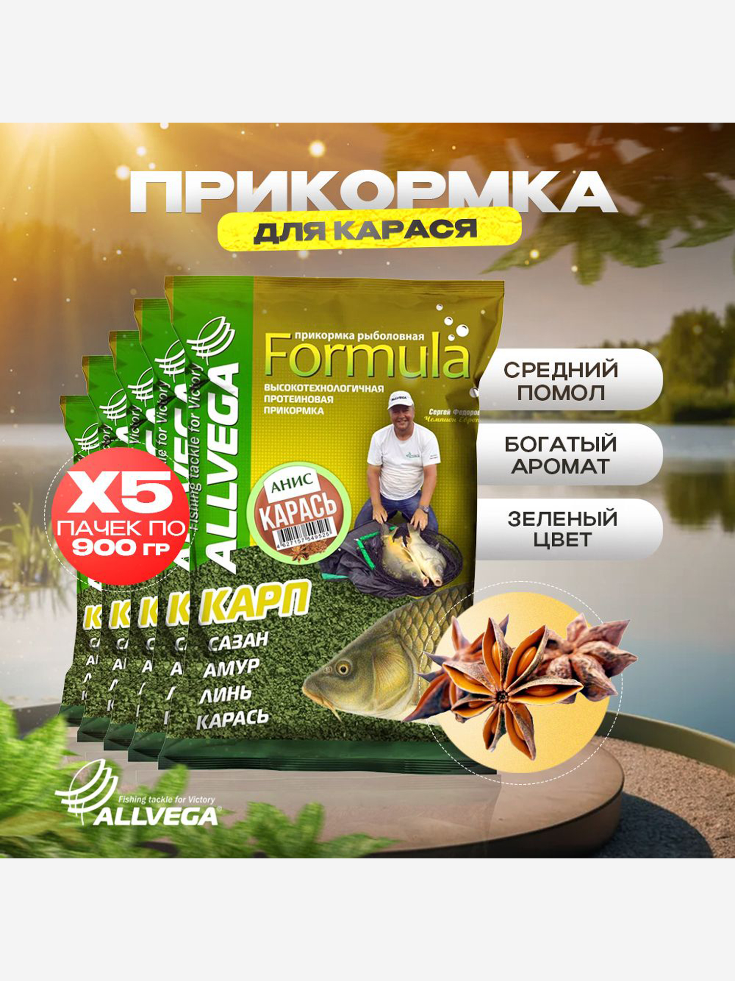 

Прикормка для рыбалки ALLVEGA Formula карась анис 5 пачек, Зеленый