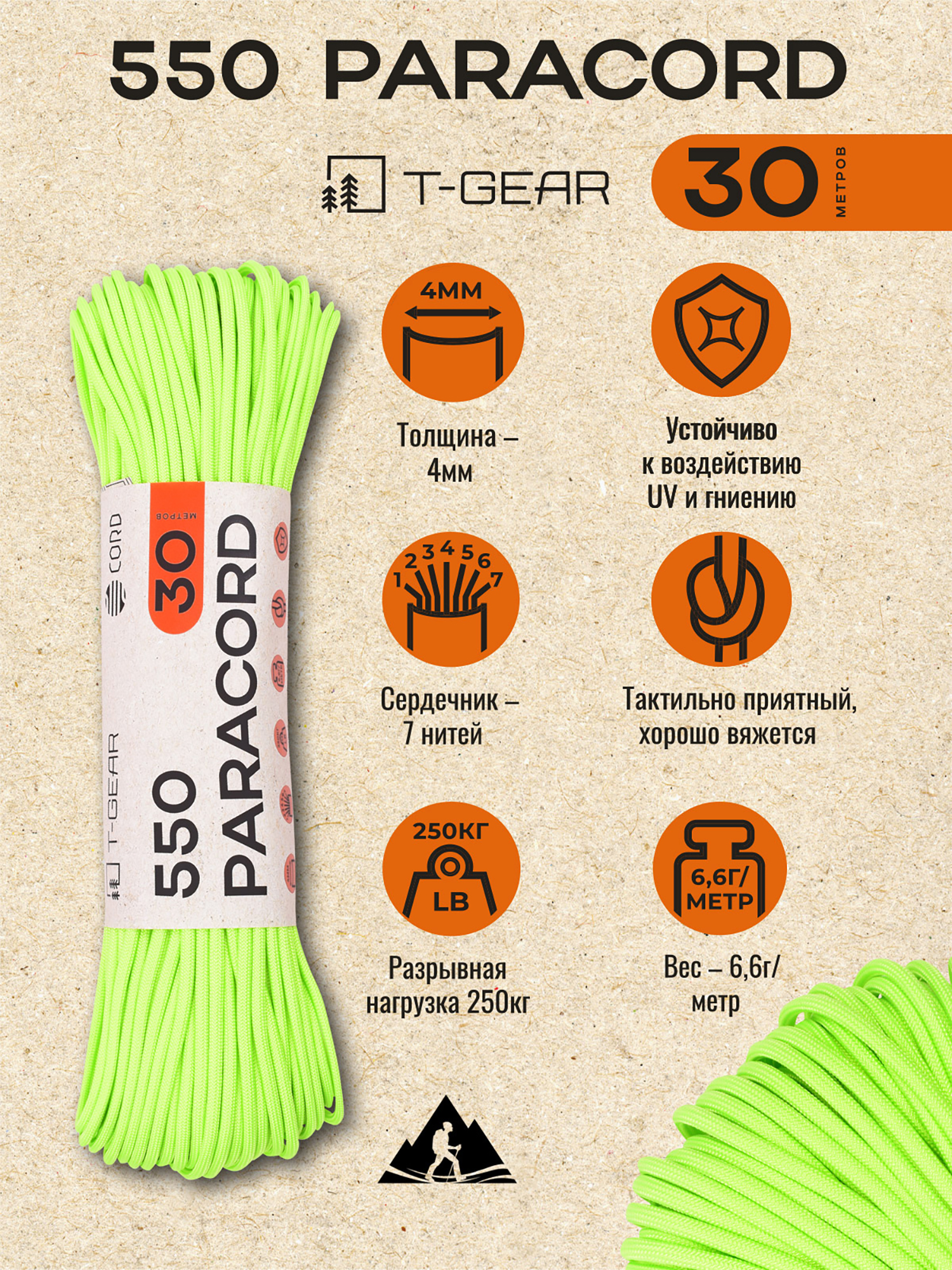 Изображение товара Паракорд 550 T-Gear x CORD нейлон Neon Green 3000 см