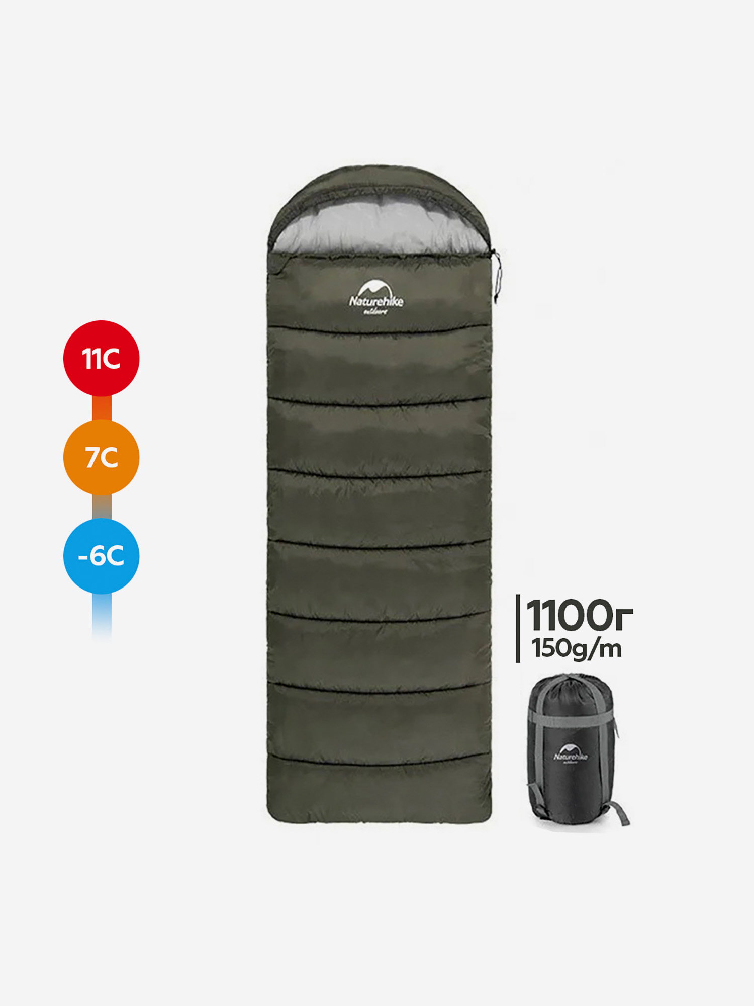 

Спальный мешок Naturehike U150, +7, зеленый, Зеленый
