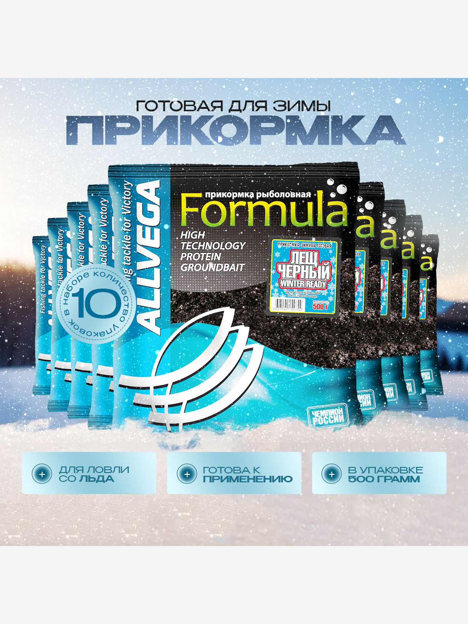 

Прикормка зимняя готовая ALLVEGA Formula Winter Ready черный лещ 10 штук по 0.5 кг, Черный