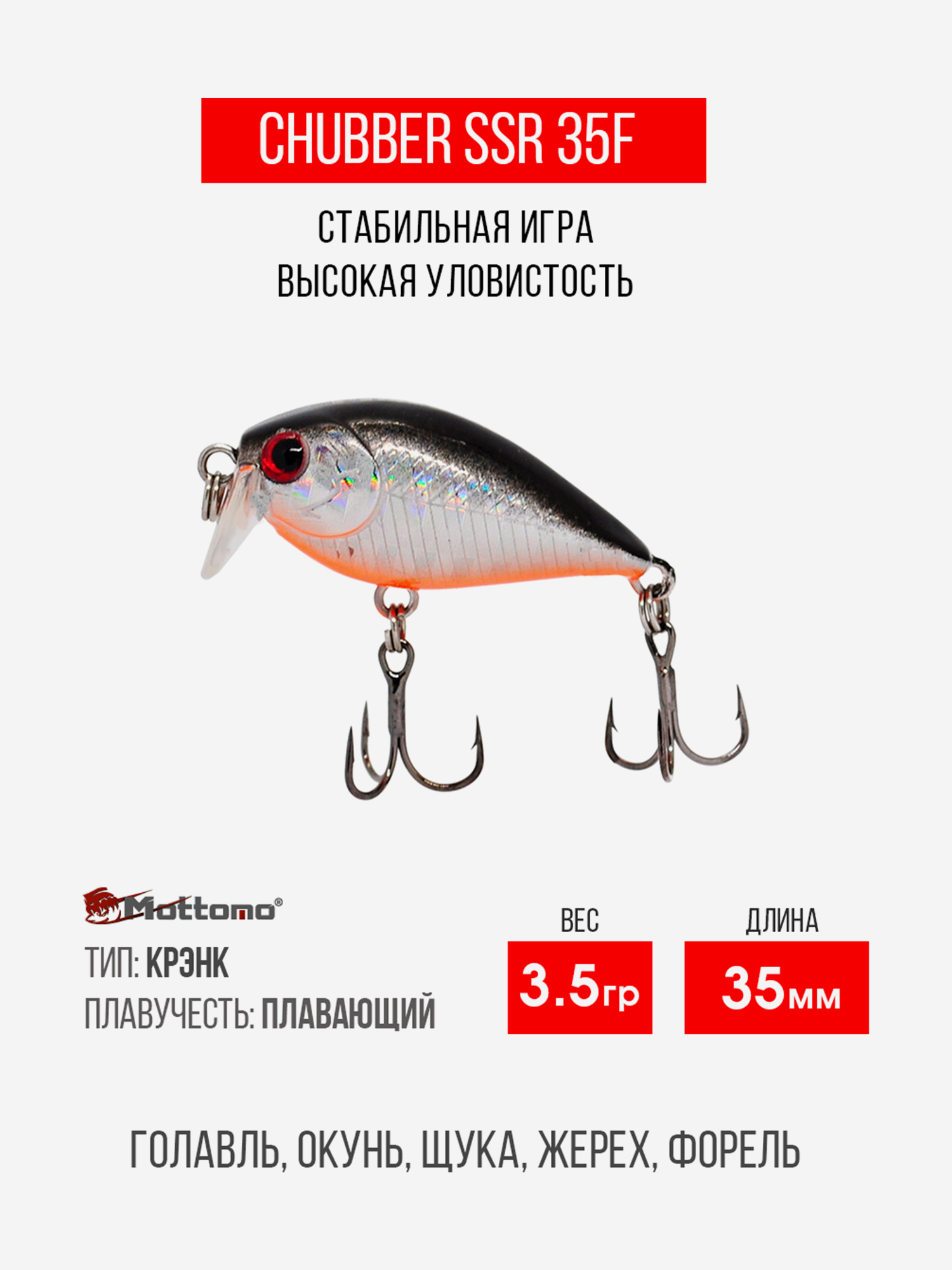 

Воблер Mottomo Chubber SSR 35F 3,5g Silver Fish, Серебряный