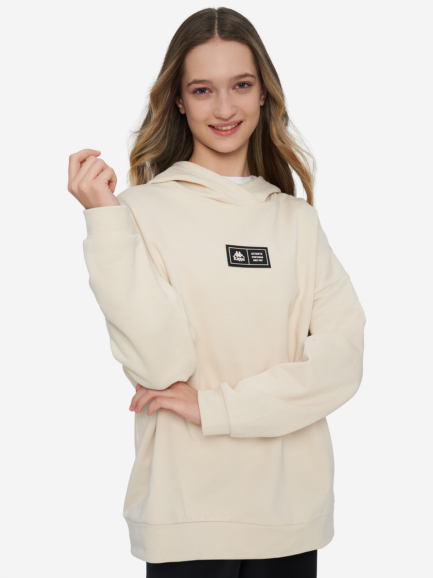 Изображение товара Худи для девочек оверсайз Kappa светло-бежевый спортивный стиль