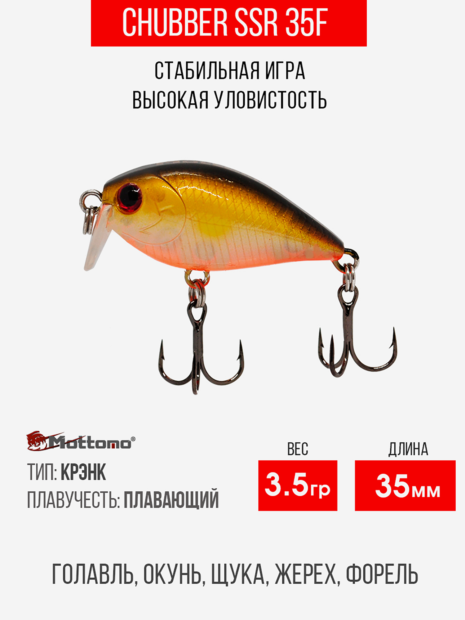 

Воблер Mottomo Chubber SSR 35F 3,5g Gold Shiner, Мультицвет
