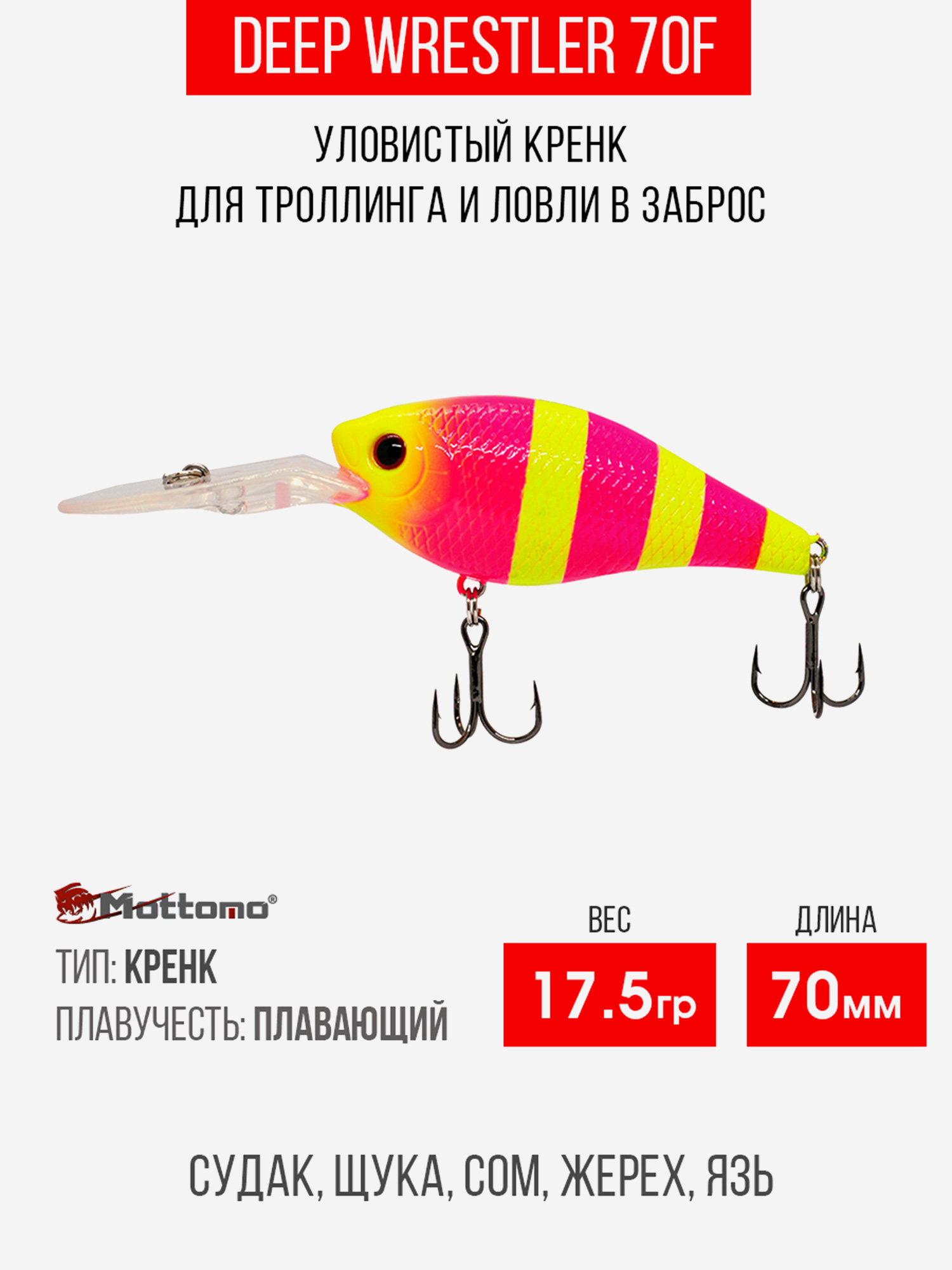 

Воблер Mottomo Deep Wrestler 70F 17,5g Pink Chartreuse, Розовый