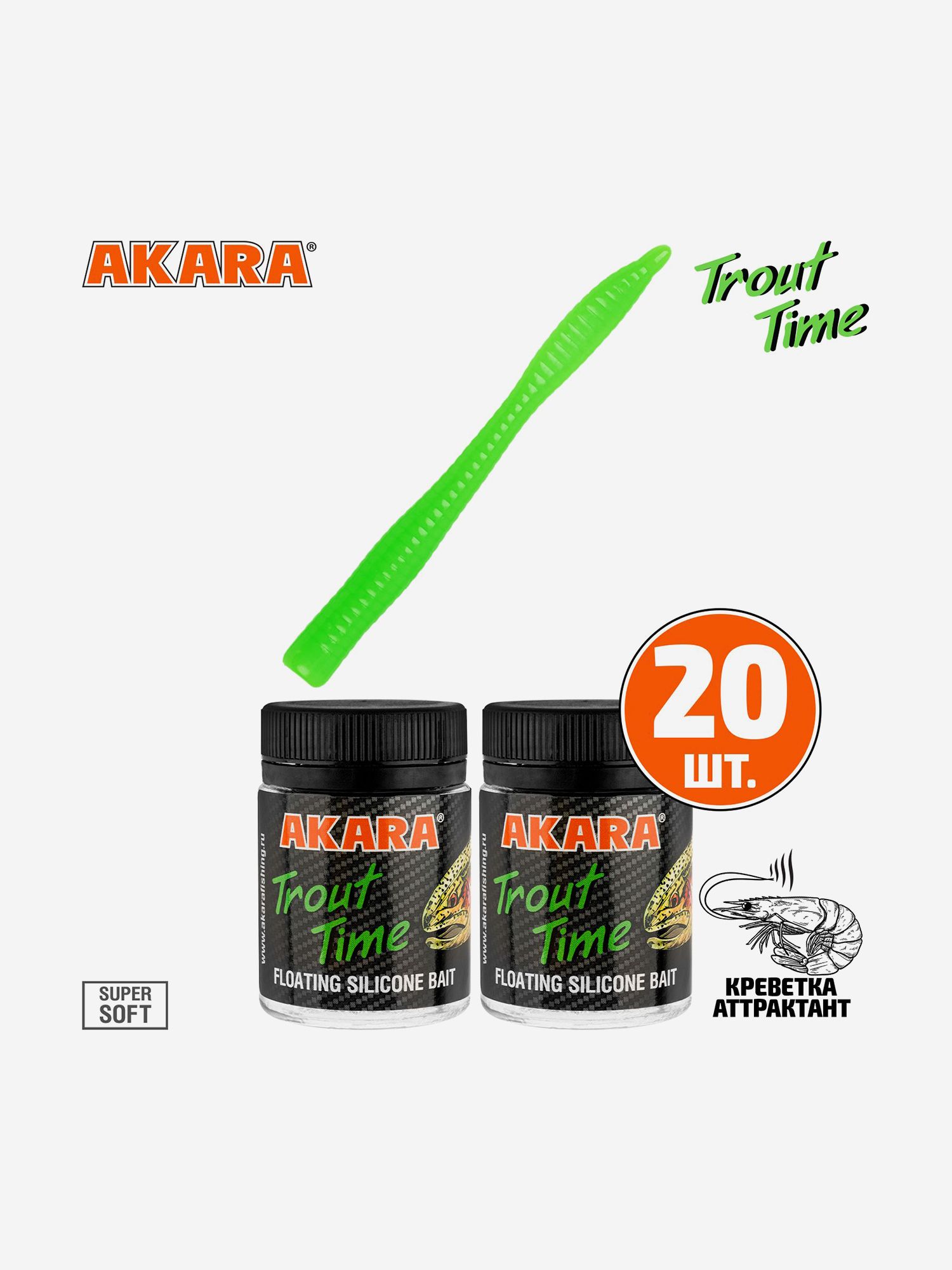 Изображение товара Силиконовая приманка Akara Trout Time WORM 3 Shrimp 452 Зеленый