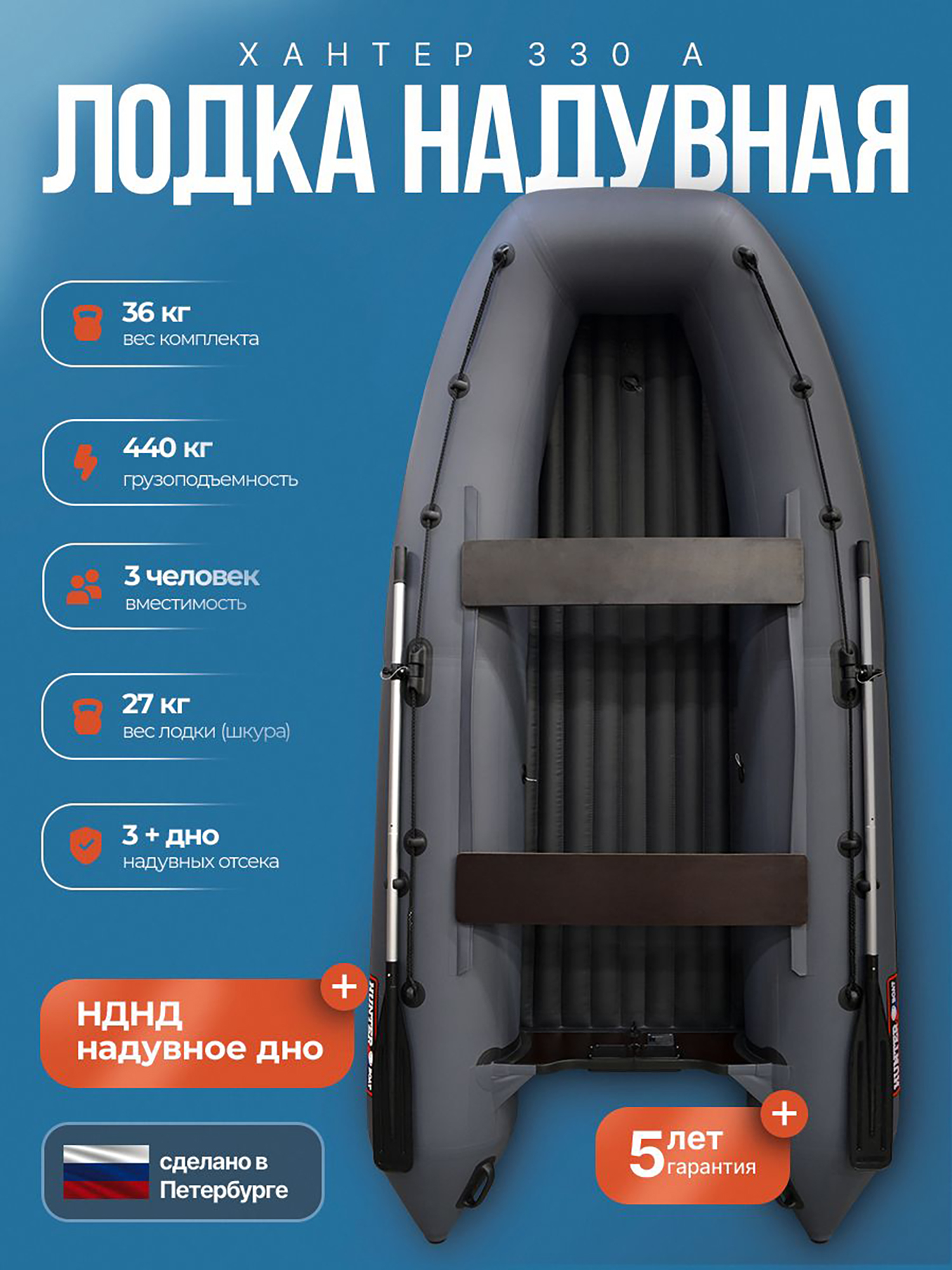 Изображение товара Лодка Hunterboat 360204NVLHH2J-6 Лодки для рыбалки ПВХ с 3 местами и аксессуарами