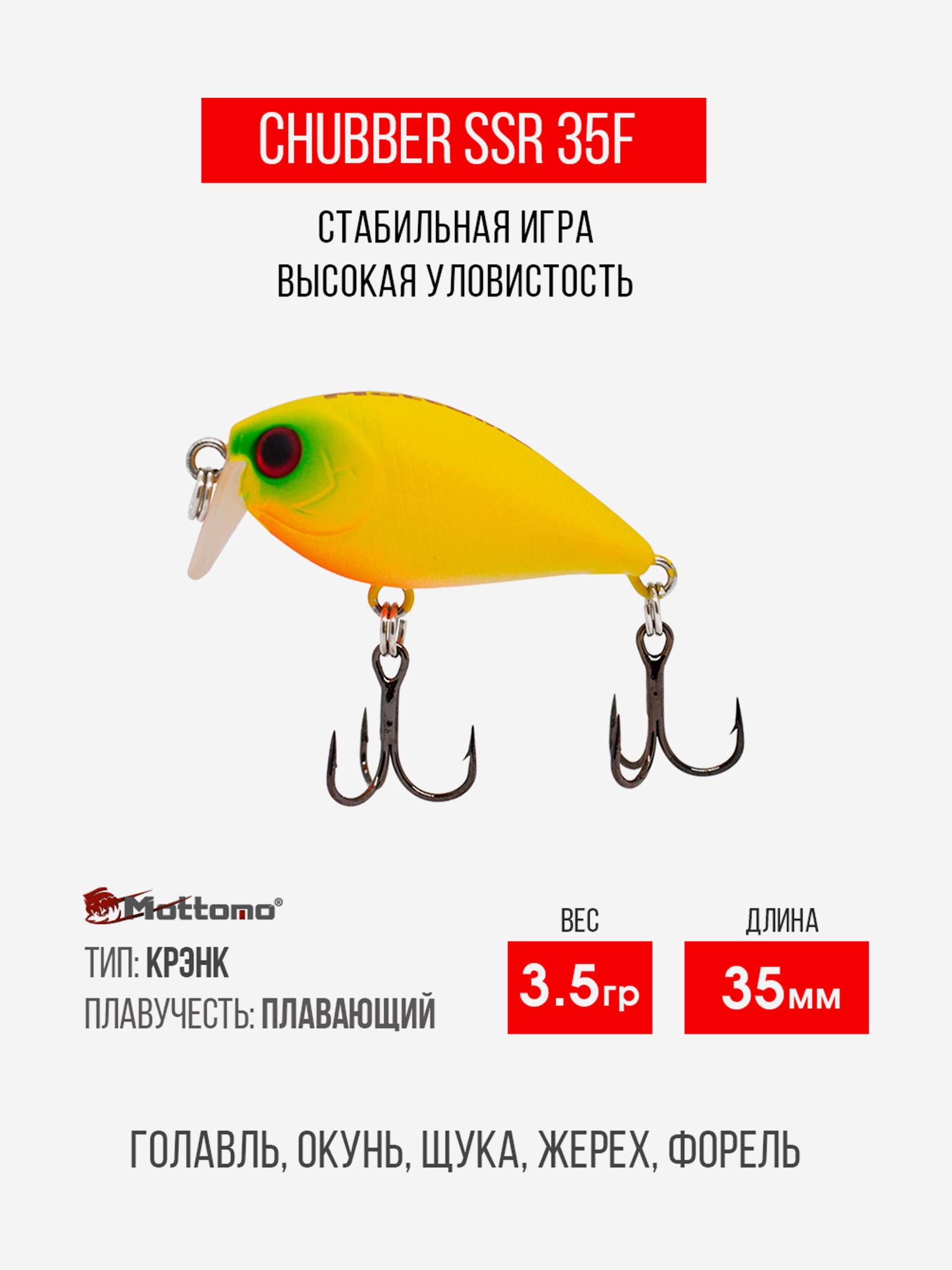 

Воблер Mottomo Chubber SSR 35F 3,5g Chart Yellow, Желтый