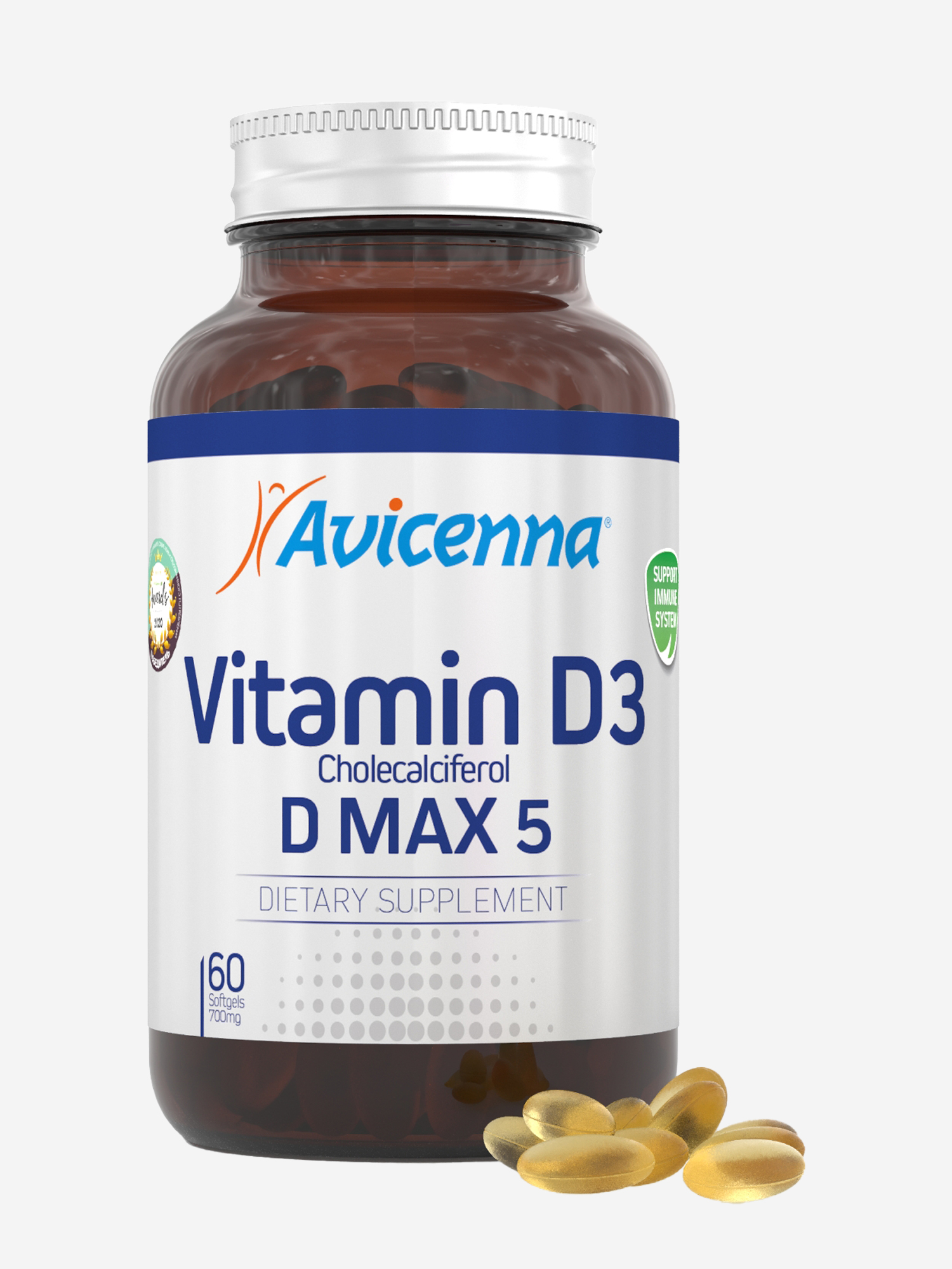 Изображение товара Витамин D3 D MAX 5 Avicenna, унисекс взрослые, 5000 МЕ, 60 капсул, для иммунитета