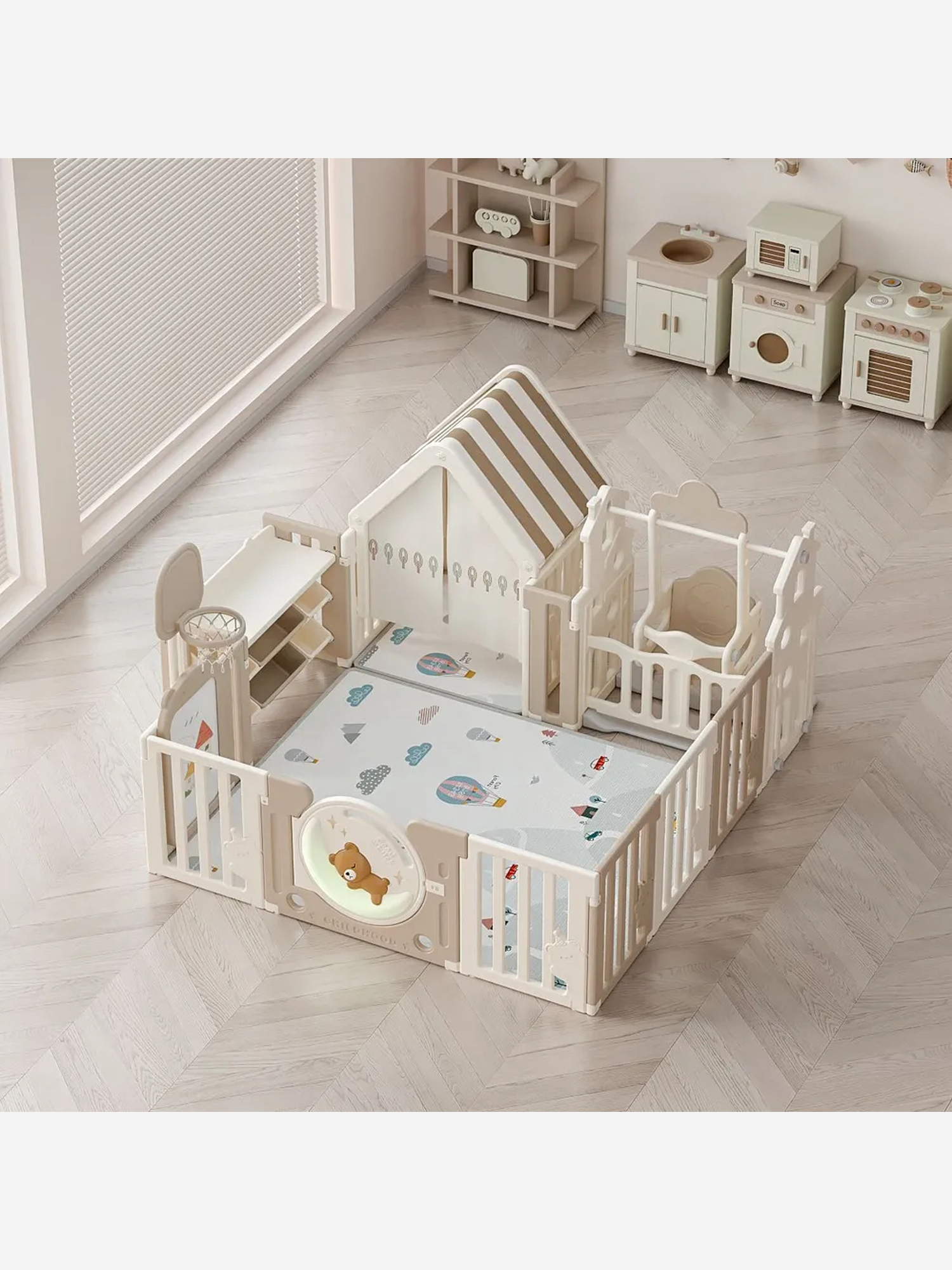 

Манеж UNIX Kids DeLuxe House&Storage Camel, 150 x 180 см, с игровым домиком, баскетбольной стойкой, доской для рисования, качелями + место для хранения игрушек, Бежевый