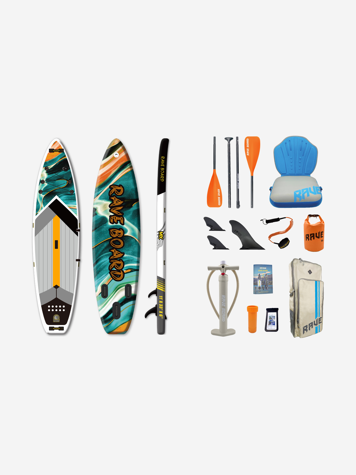 

Надувной сапборд Rave Board RB05a Mix (335*83*15) с сидушкой и двойным веслом, Зеленый
