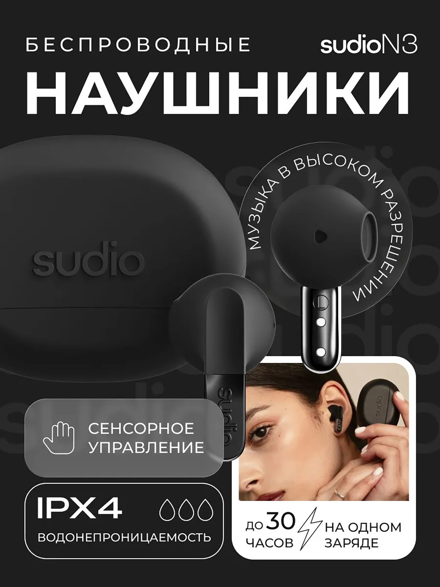 Изображение товара Беспроводные наушники Sudio N3 In-Ear TWS Headphone, цвет: черный, Черный