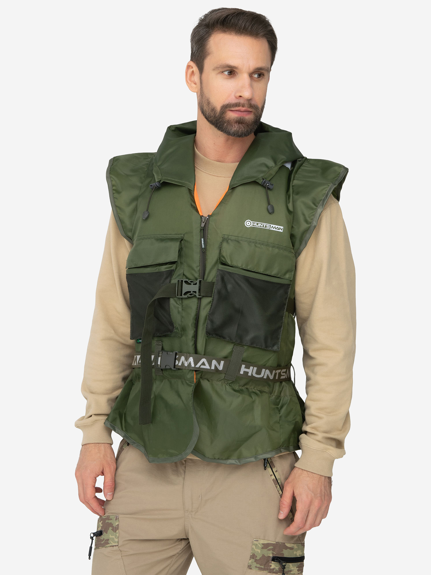 Изображение товара Жилет спасательный HUNTSMAN Shark с карманами для рыбалки на реке и море, 100 кг, Хаки