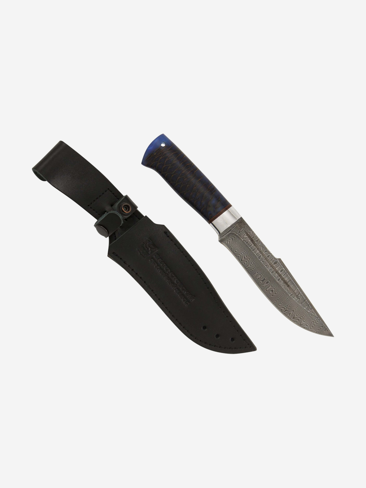 

Нож Златоустовский оружейный завод Хищник (нержавеющая дамасская сталь, шишка в эпоксидке синяя/ал.) нож для охоты, разделочный нож, Коричневый