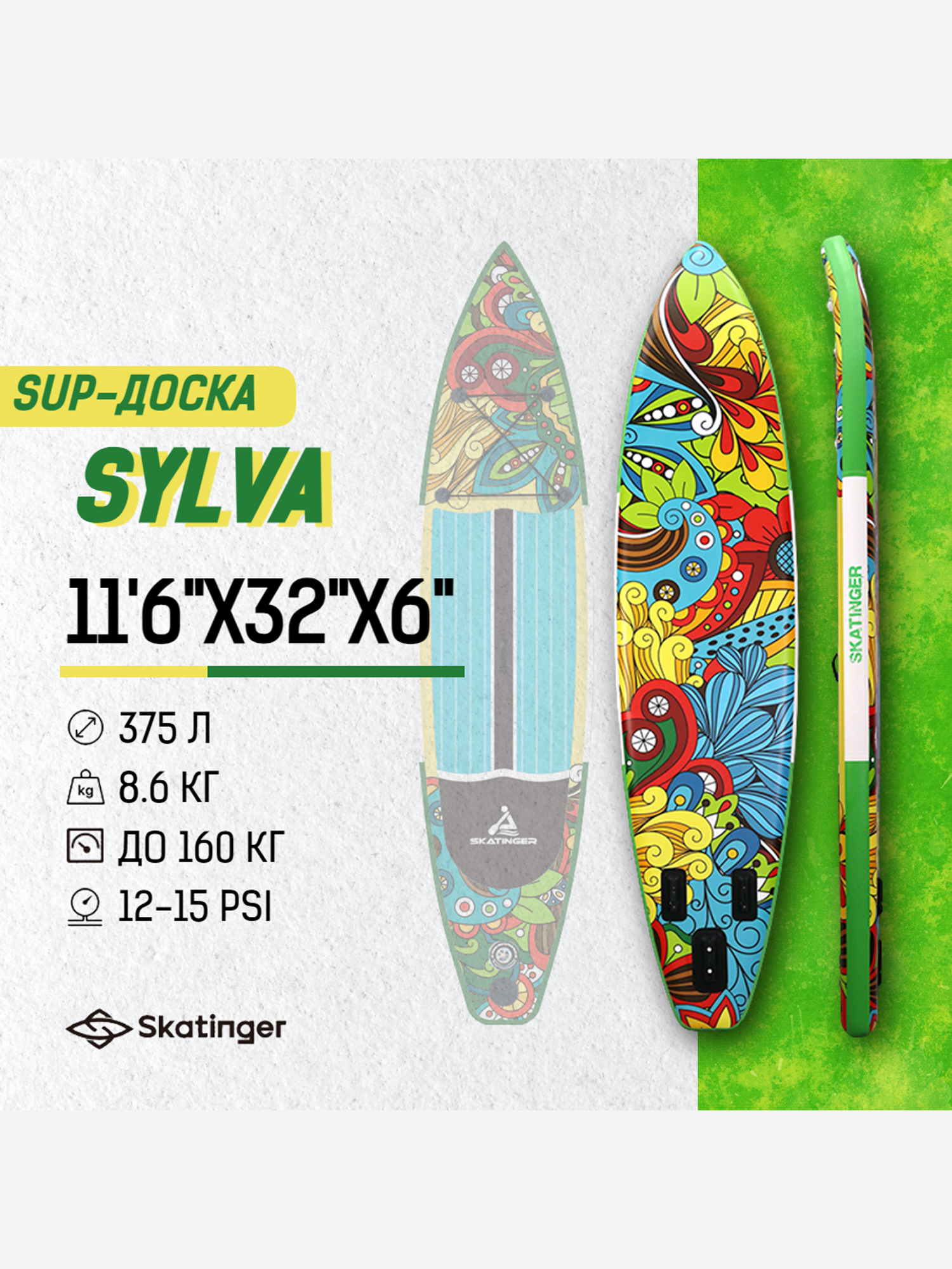 

SUP-доска SKATINGER SYLVA, 11'6"x32"x6" 350*81*15CM, Голубой