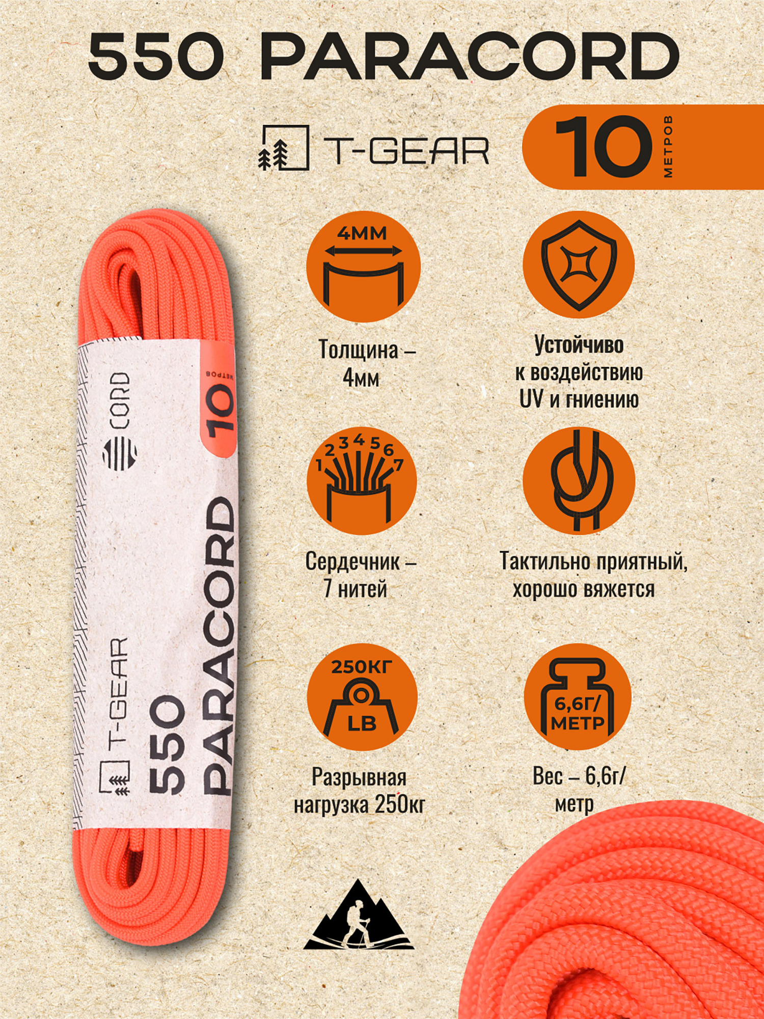 Изображение товара Паракорд 550 T-Gear x CORD Neon Orange 1000 см