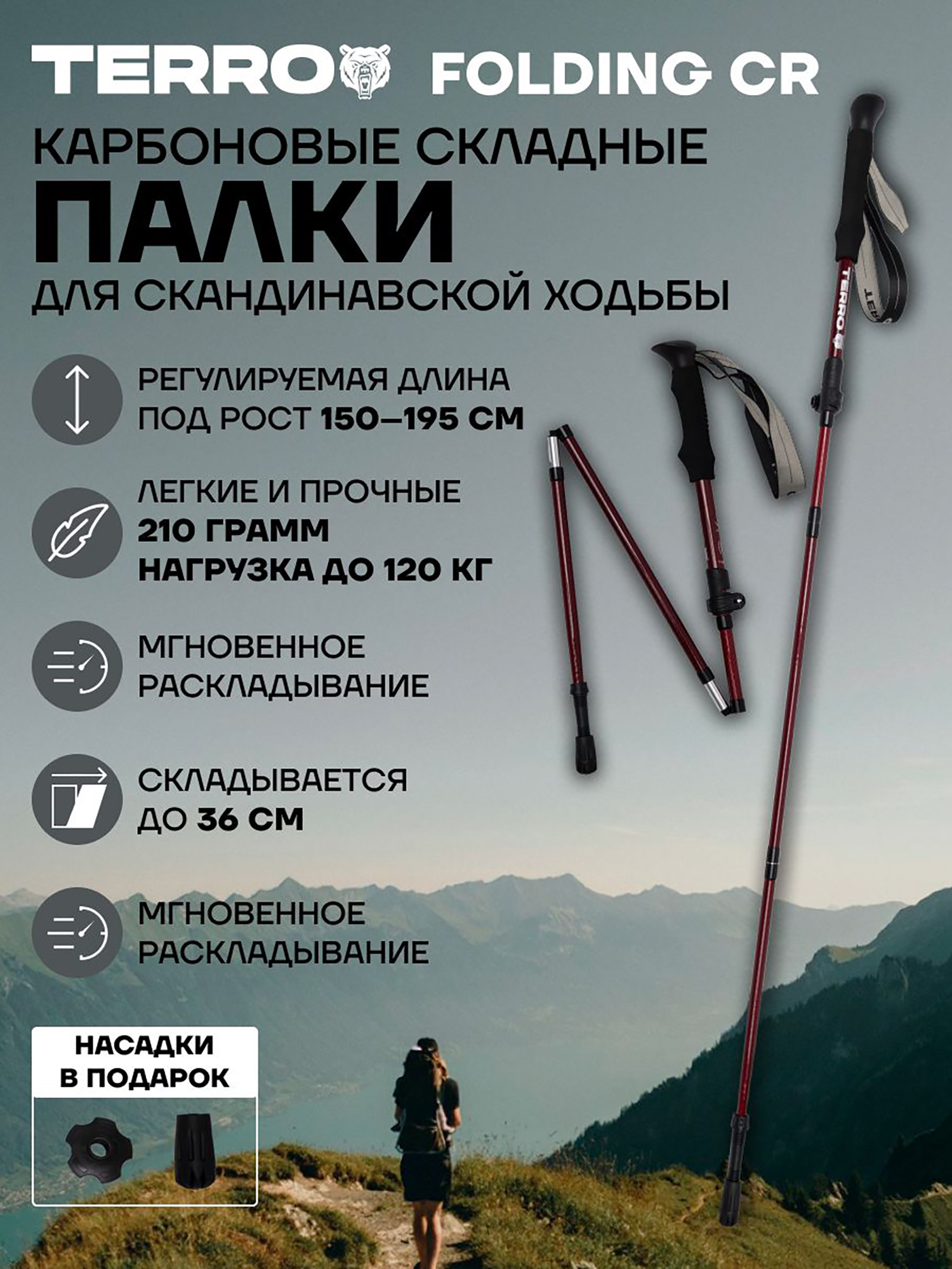 Изображение товара Палки для скандинавской ходьбы TERRO карбоновые складные взрослых