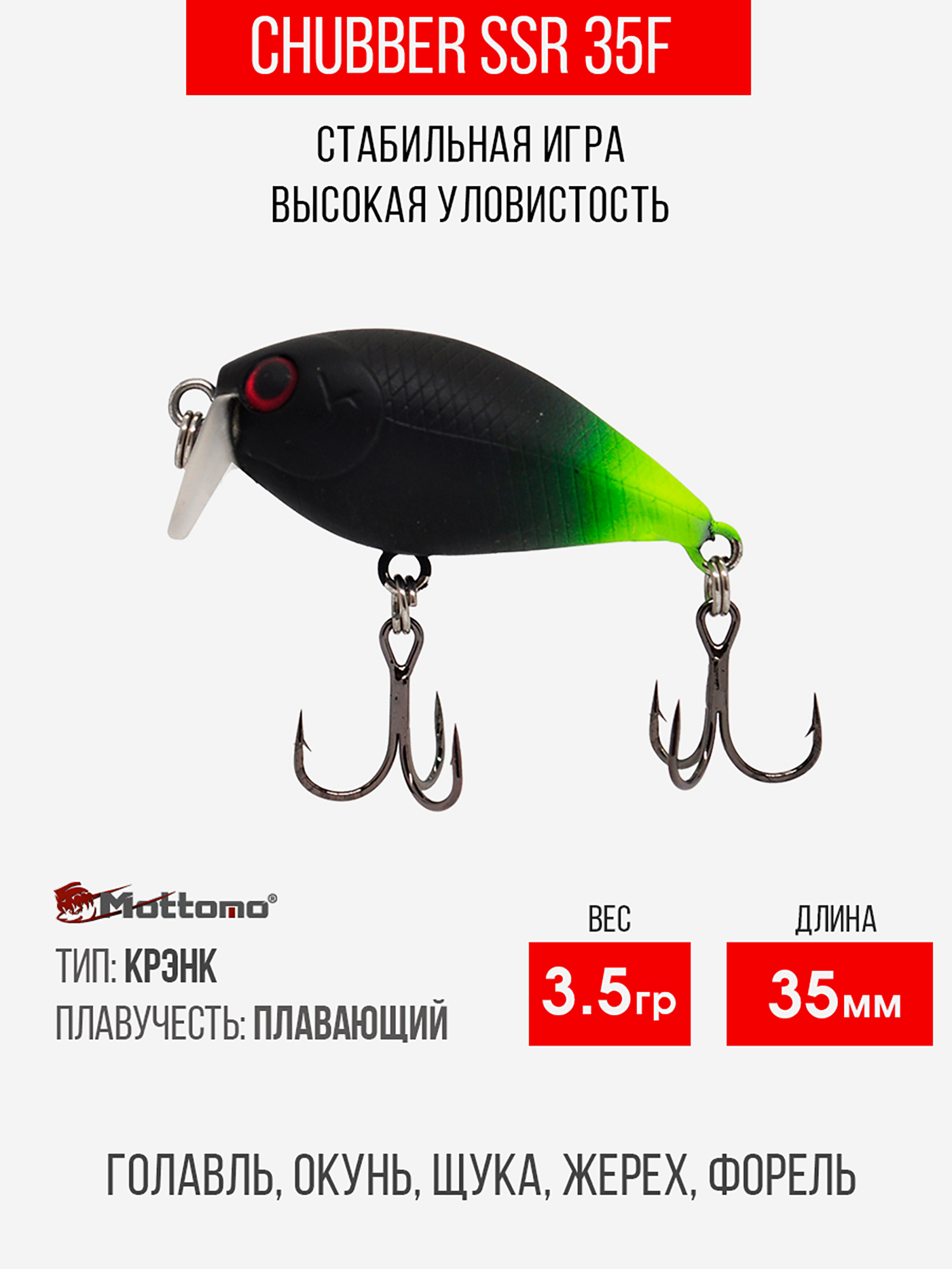 

Воблер Mottomo Chubber SSR 35F 3,5g Black Lime, Черный