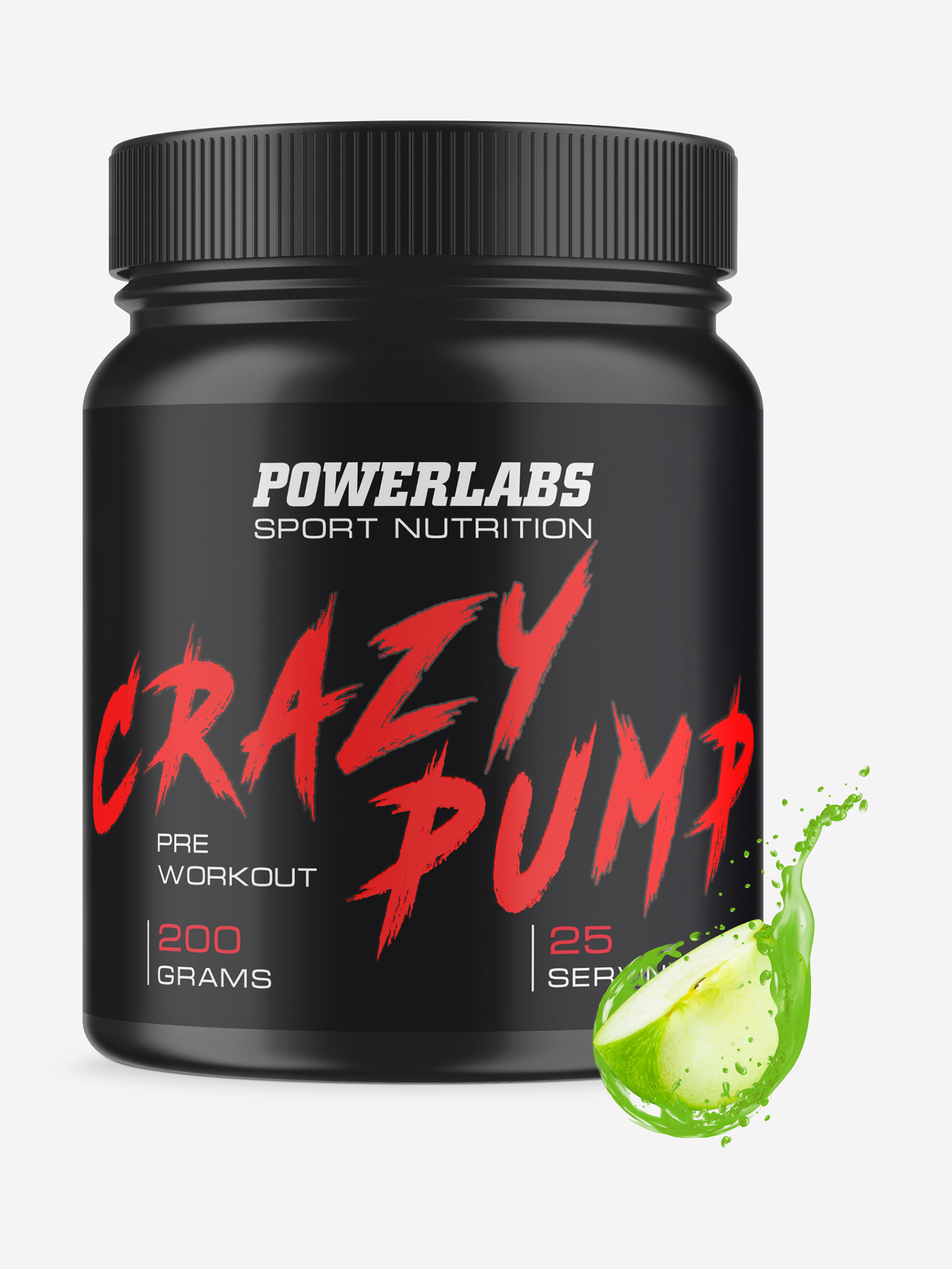 Энергия и восстановление  Спортмастер Предтренировочный комплекс CRAZY PUMP, Powerlabs, 200 г, яблоко, Черный
