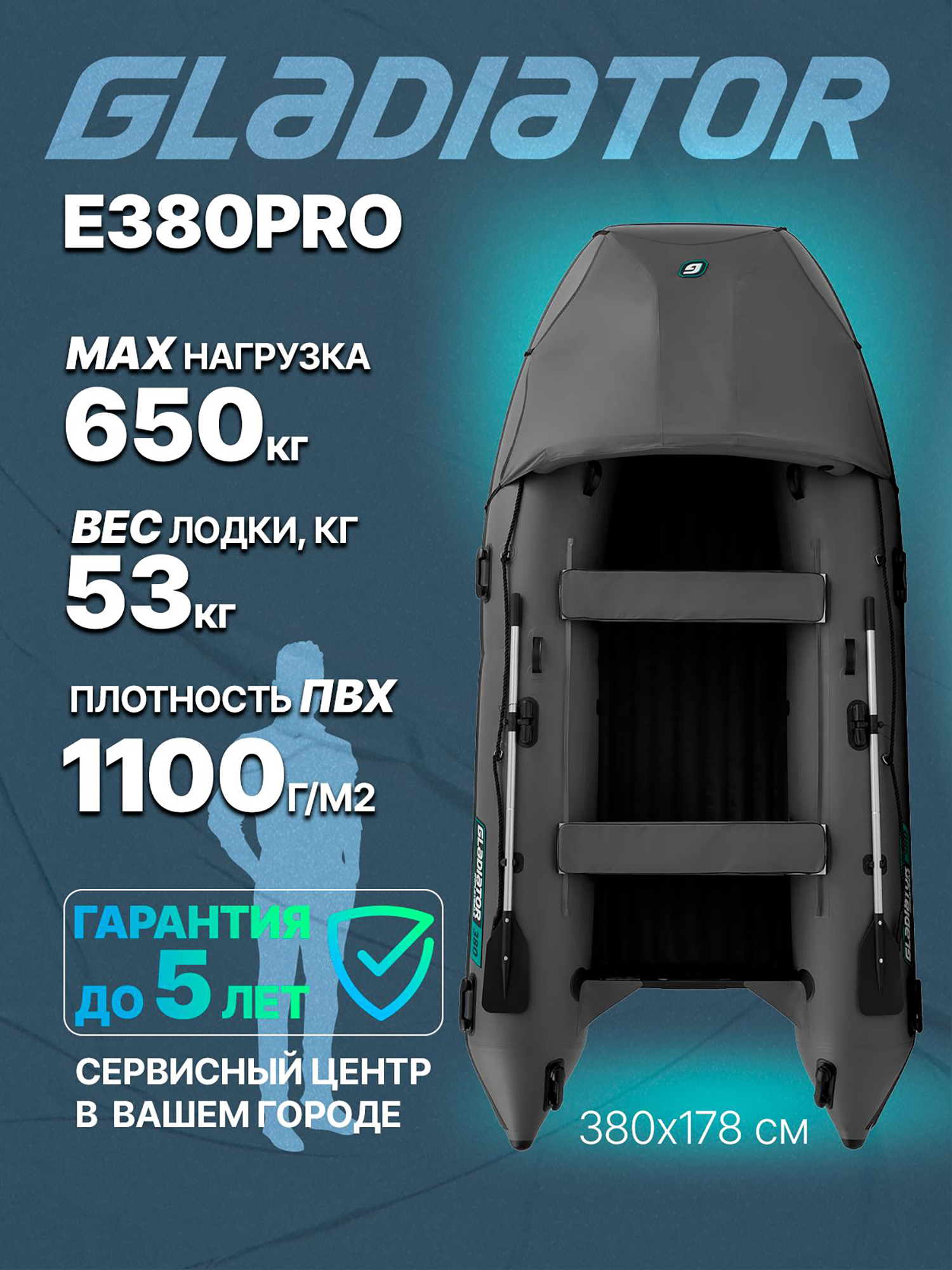 

Надувная лодка GLADIATOR E380PRO, Серый