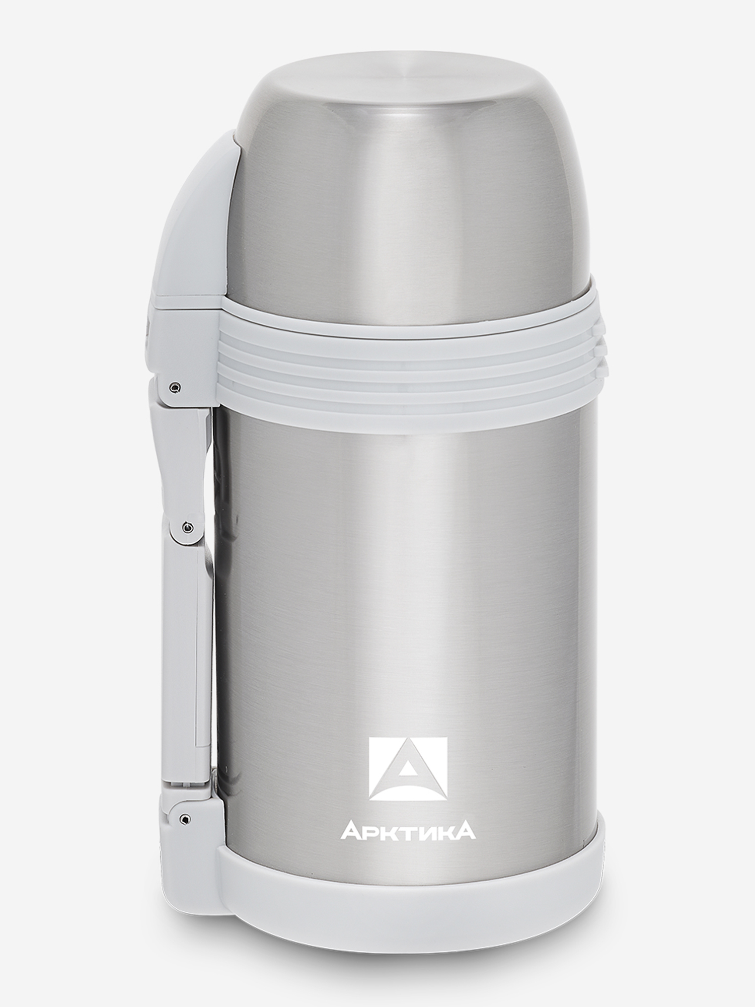 

Термос с универсальной пробкой для напитков и еды. Объем 1,2 л. В комплект входит дополнительная чашка и съемный ремешок для переноски. Термос снабжен складной ручкой., Серебряный