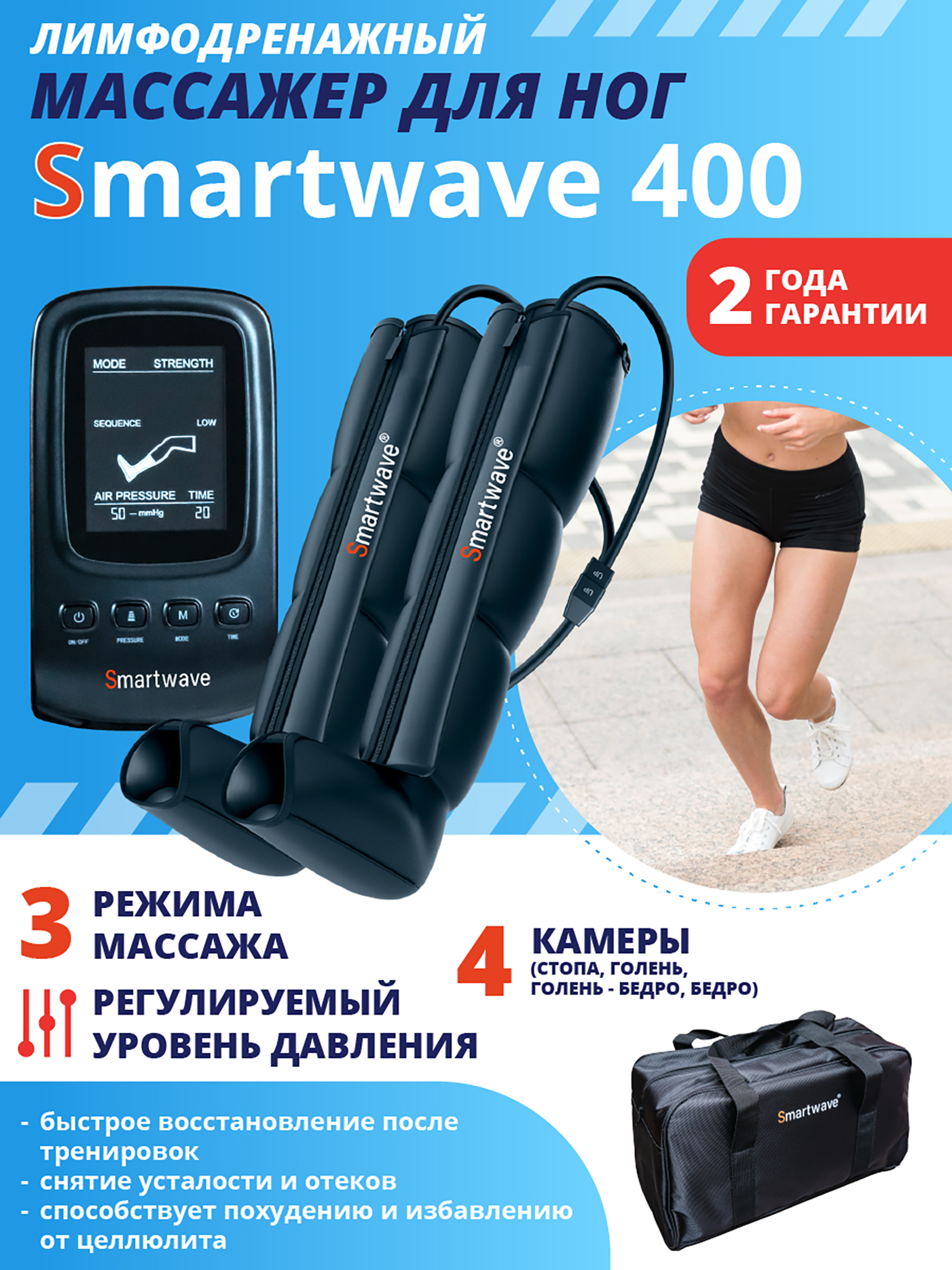 

Лимфодренажный массажер Smartwave 400, комплект с манжетами для ног, Черный
