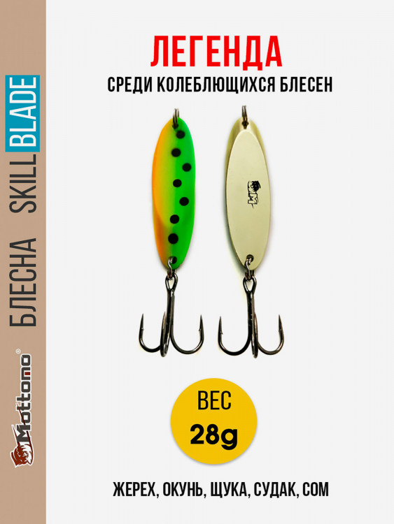 Блесна колеблющаяся для рыбалки Mottomo Skill Blade 28g Fire Tiger. Колебалка на жереха, щуку, окуня, голавля, форель