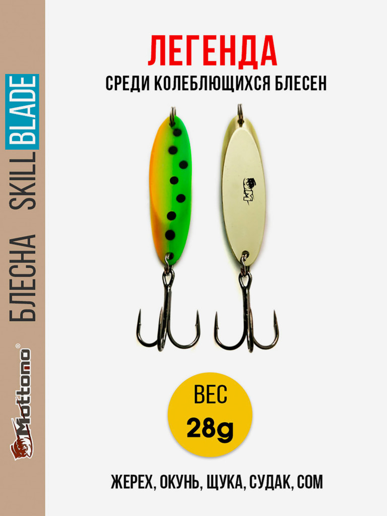 Блесна колеблющаяся для рыбалки Mottomo Skill Blade 28g Fire Tiger. Колебалка на жереха, щуку, окуня, голавля, форель