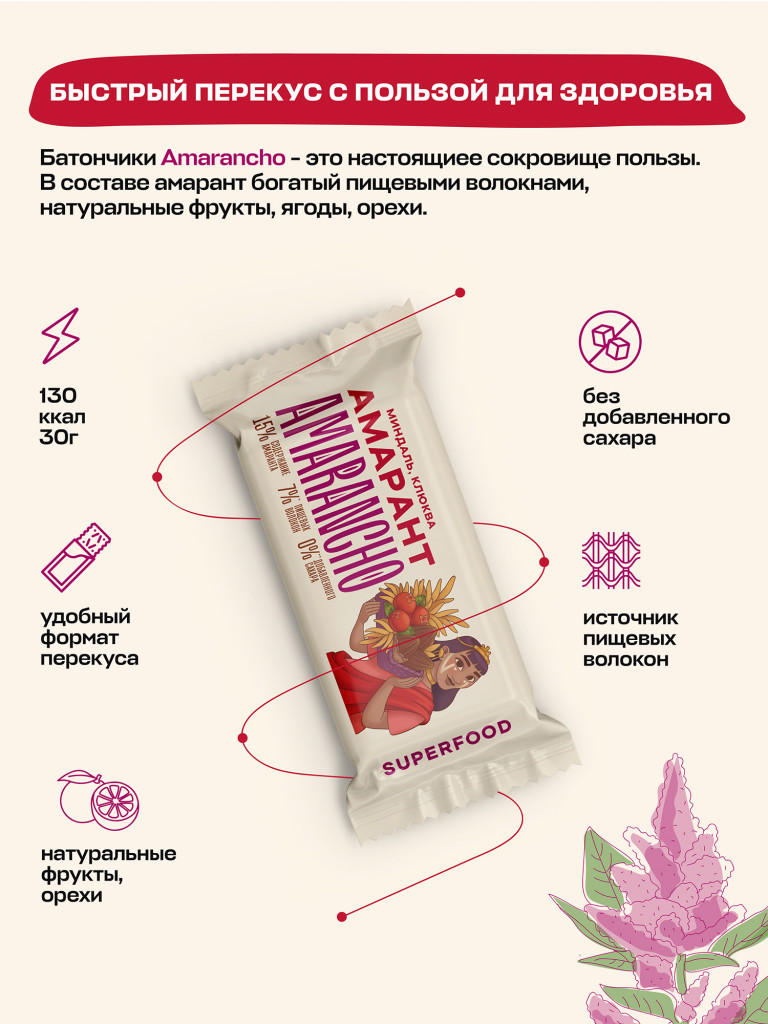 Батончик фруктово-зерновой амарант, миндаль, клюква, 30 г.