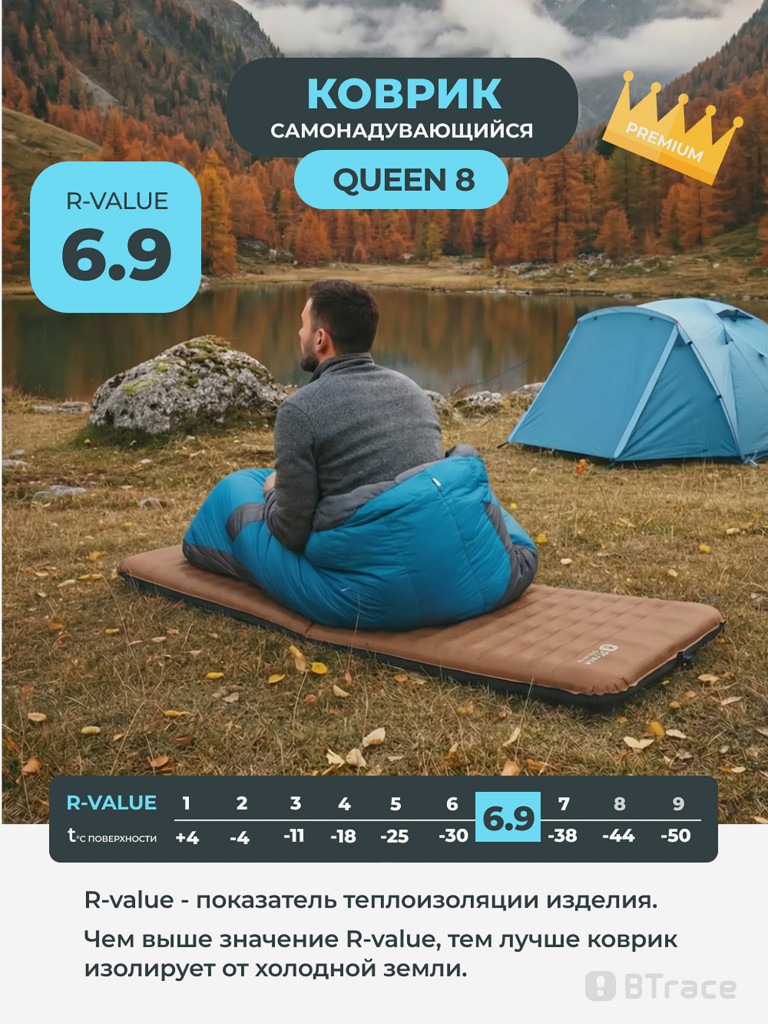 Ковер самонадувающийся BTrace Queen 8, 198х68х7,5 см, Коричневый
