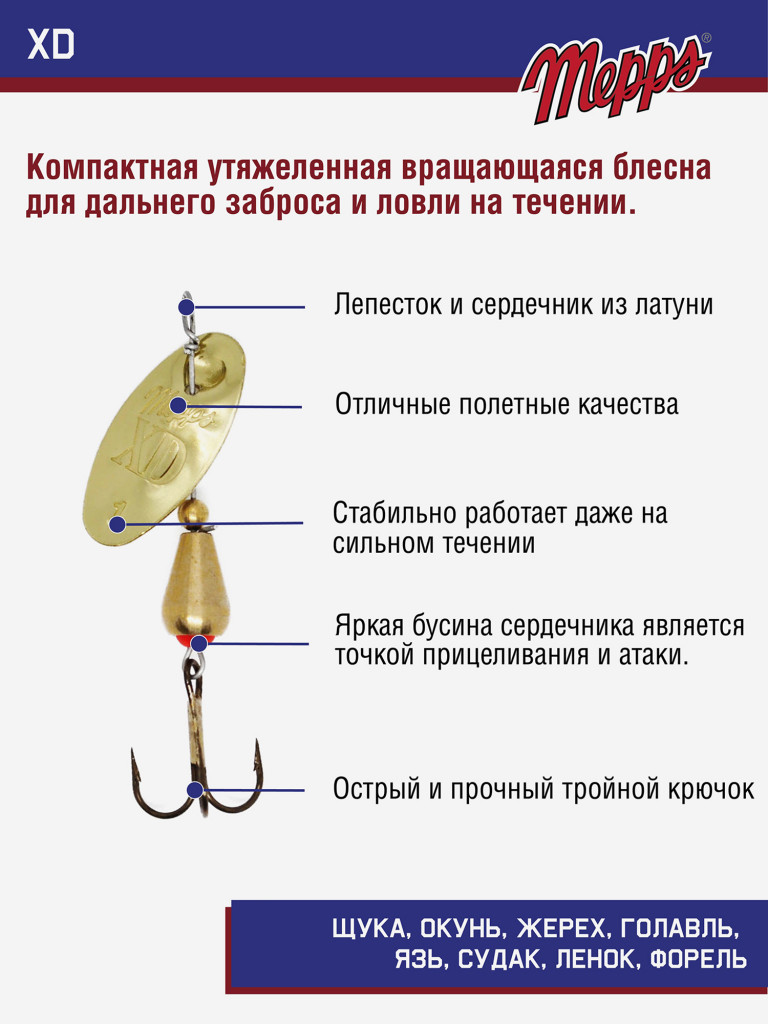 Блесна вращающаяся для рыбалки Mepps XD OR №1 на щуку, окуня