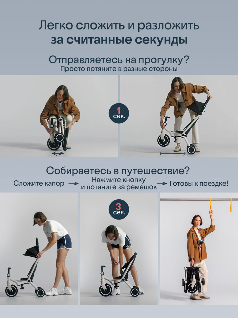Велосипед детский трехколесный с ручкой SmarTrike Wonder Moonlight off white, складной, для путешествий