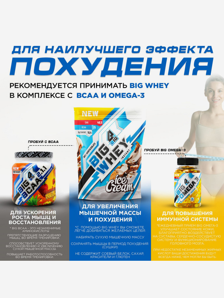 Протеин BIGSNT BIG WHEY сывороточный для набора мышечной массы, похудения и сушки / 900 грамм, 28 порций, Мороженое