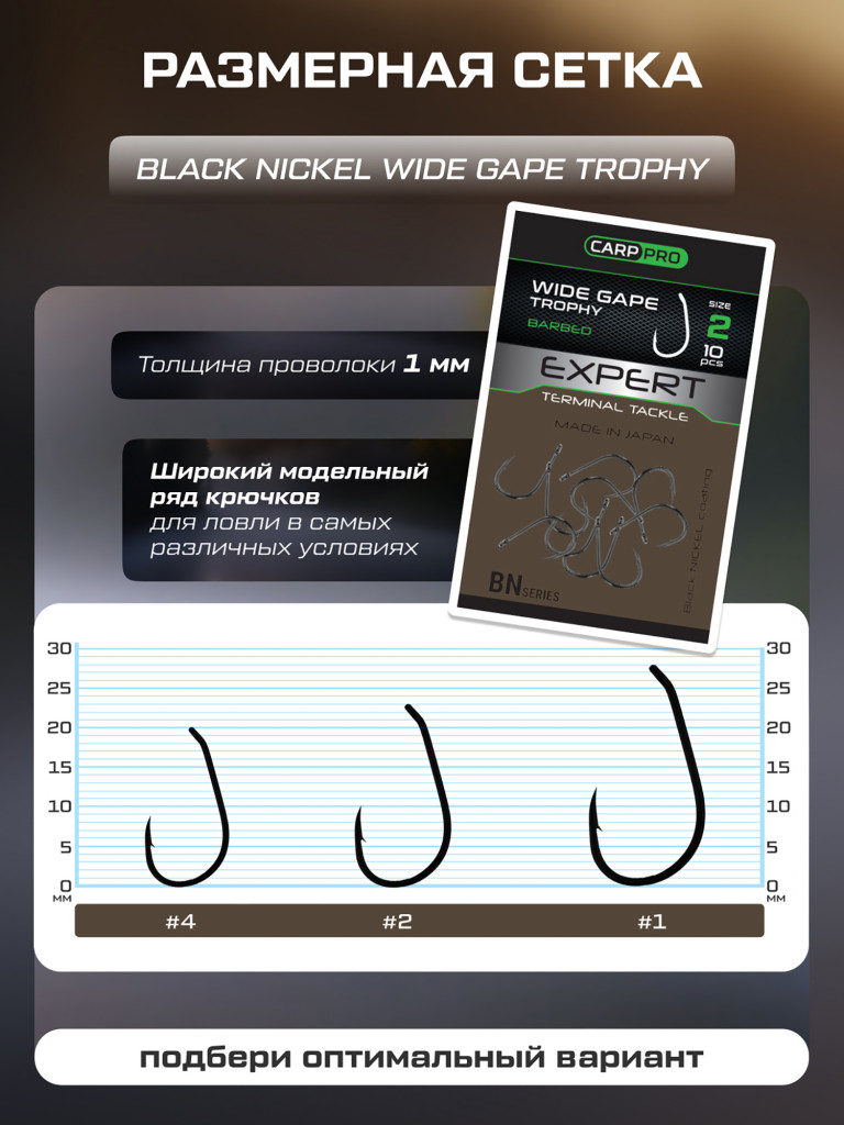 Крючок CARP PRO Black Nickel Wide Gape Trophy №2 10шт