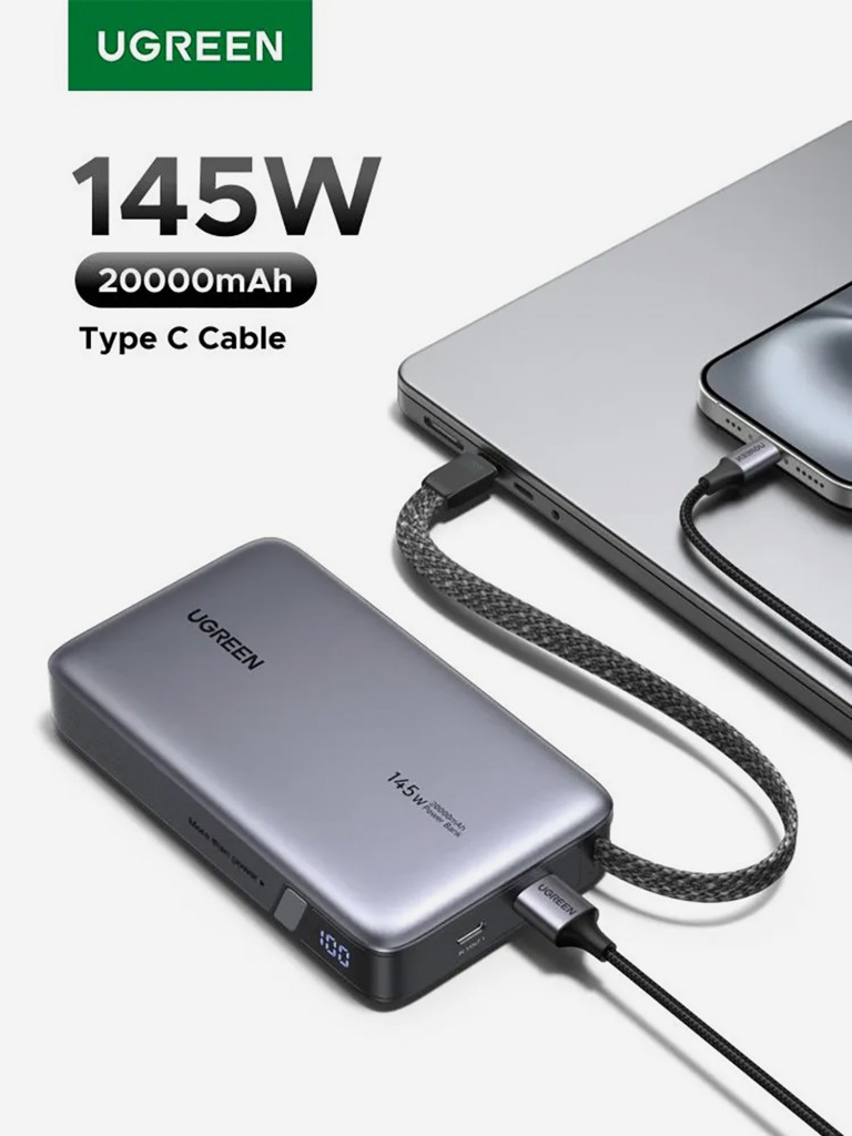 Внешний аккумулятор UGREEN PB551 (55992B) 145W Power Bank 20000mAh USB-C&USB-A со встроенным кабелем USB-C