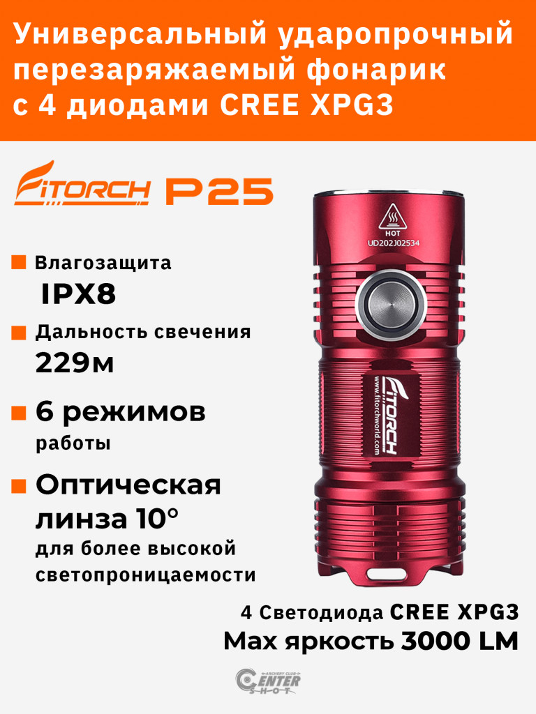 Фонарь FiTorch P25 универсальный компактный (акум. с USB) красный