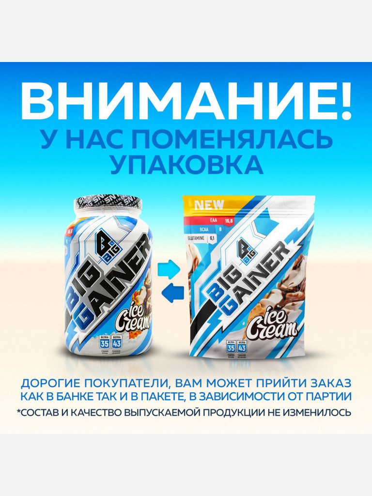 Гейнер BIGSNT BIG GAINER для набора мышечной массы высокобелковый / 1.5 кг, Мороженое