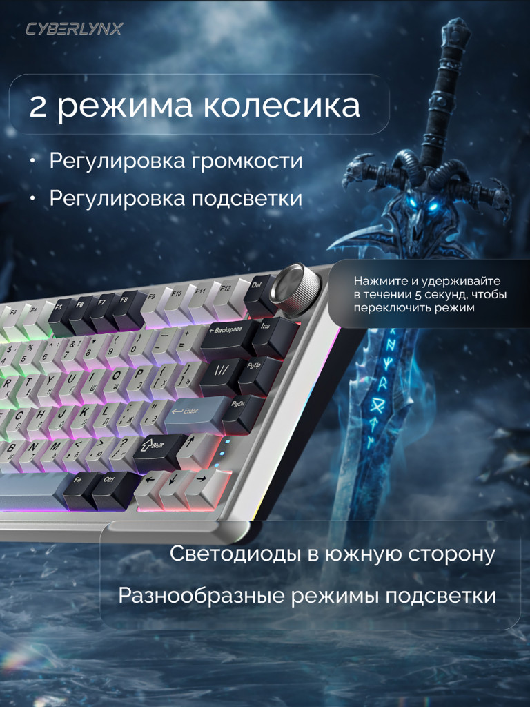 Игровая беспроводная клавиатура CYBERLYNX RX75 Pro Белый Темно-синий Голубой Mute switch