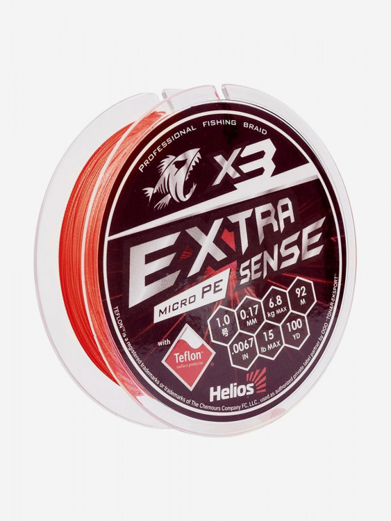 Шнур плетеный для рыбалки Helios Extrasense X3 PE, 92м, 0,17мм, 6,8кг, красный