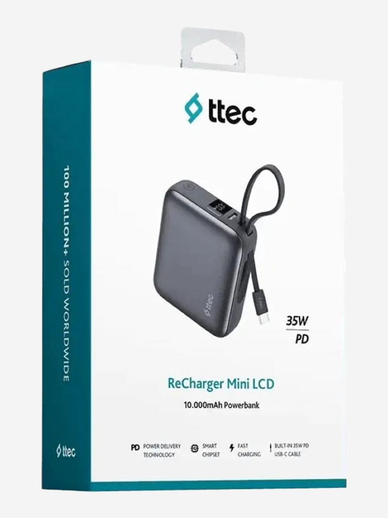 Внешний аккумулятор TTEC ReCharger Mini LCD 10000mAh USB-C PD 35W Powerbank со встроенным кабелем USB-C. Цвет: серый