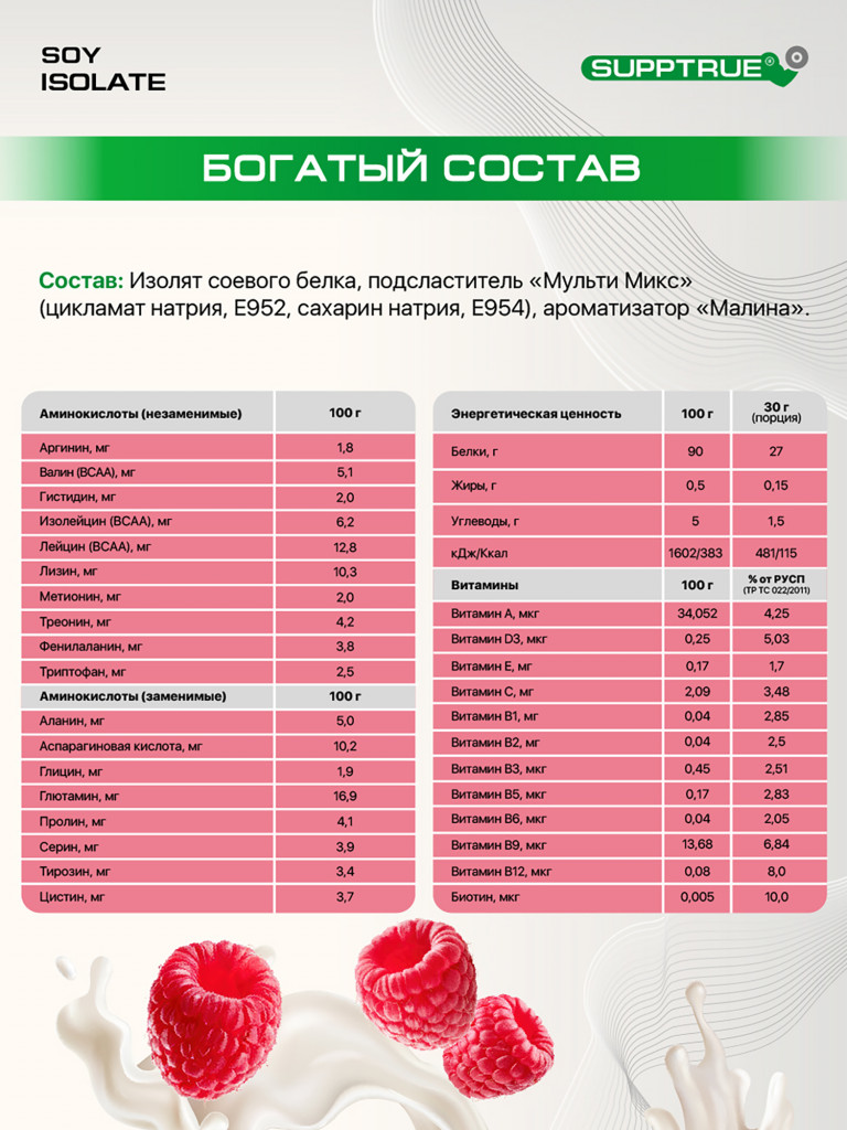 Протеин Supptrue 1 кг соевый белковый со вкусом Малины
