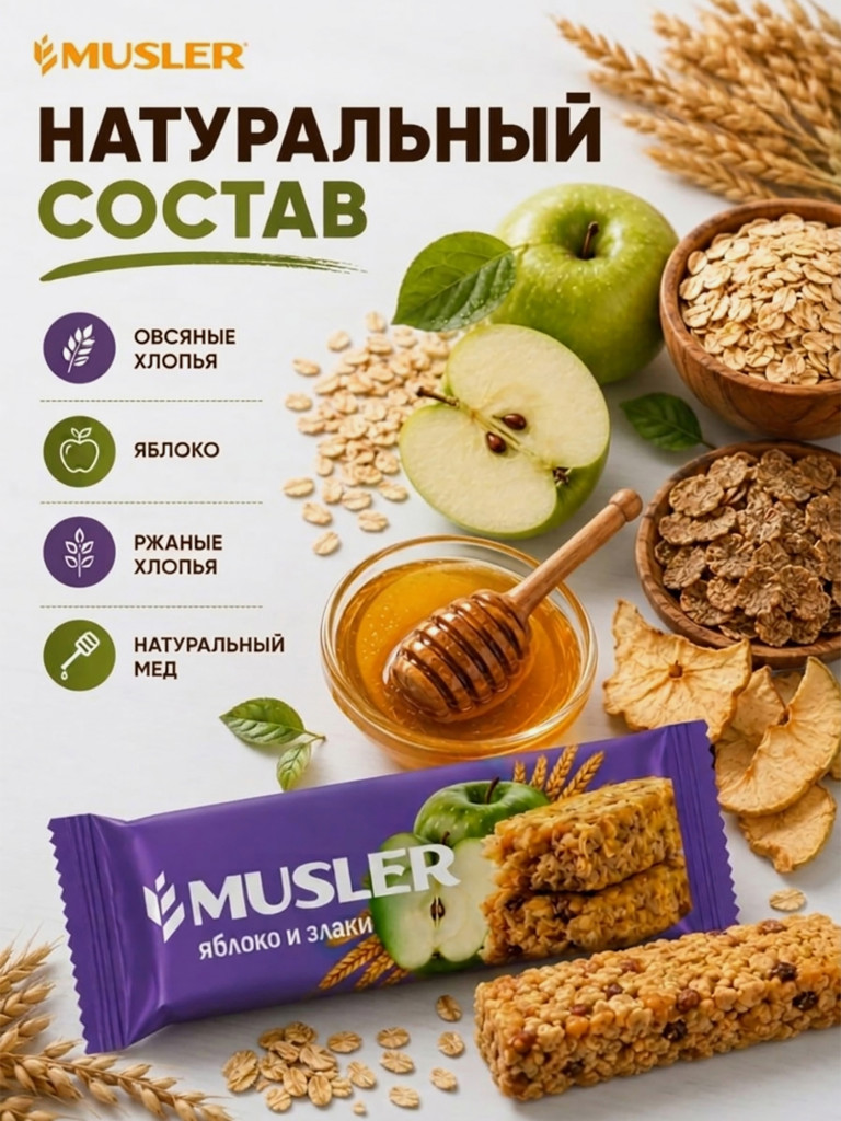 Батончики мюсли детские MUSLER Яблоко, 25 шт