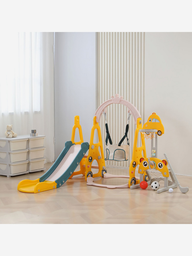 Горка с качелями и баскетбольной стойкой UNIX Kids Funny Car, 160 см, желтый
