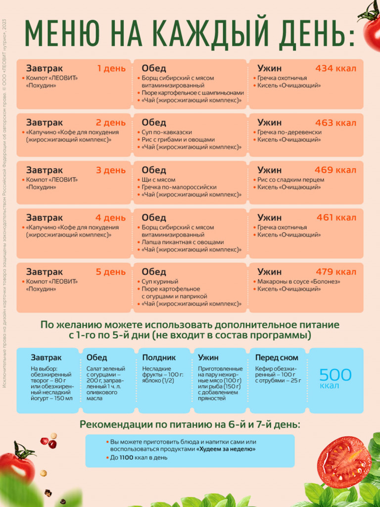 Комплекс питания ЛЕОВИТ Худеем за неделю Традиционное меню с мясом. Кейс