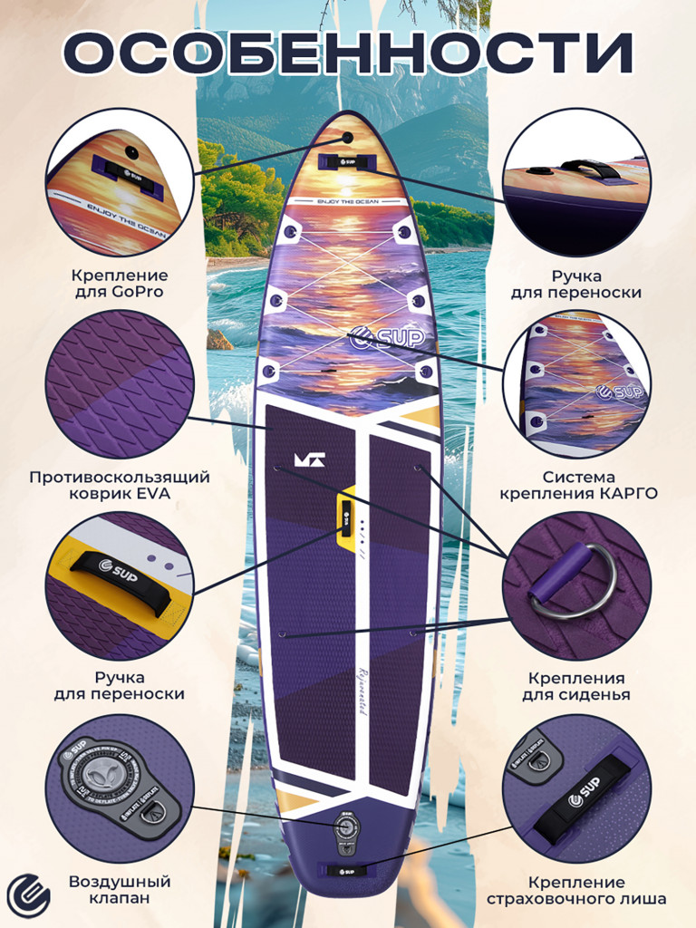 Надувной сапборд E-SUP Ultra Violet 11'6" (351×89×15 см), универсальный