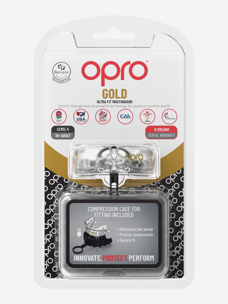 Боксерская капа взрослая, спортивная, защитная для зубов OPRO Self-Fit Gold - Clear